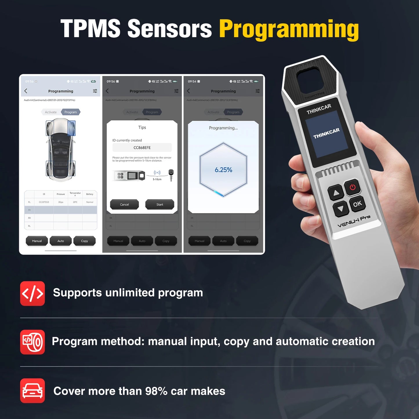 THINKCAR VENU i-Pro TPMS Car Tire Pressure Diagnostic Tools Activate Programming Relearn Sensors for 315MHz/433MHz