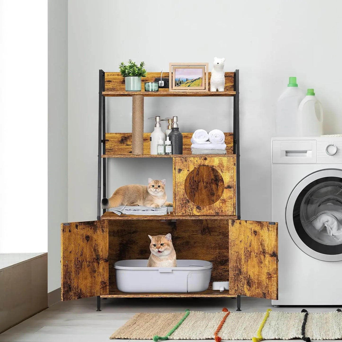 Cat Litter Box Enclosure With Storage Shelves And Charging Station