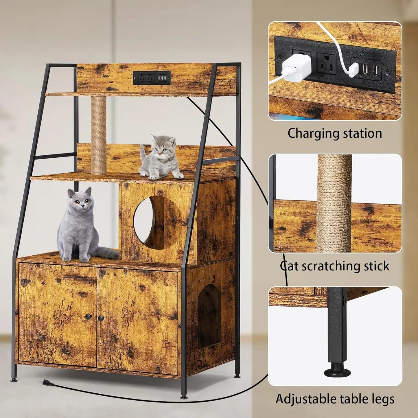 Cat Litter Box Enclosure With Storage Shelves And Charging Station