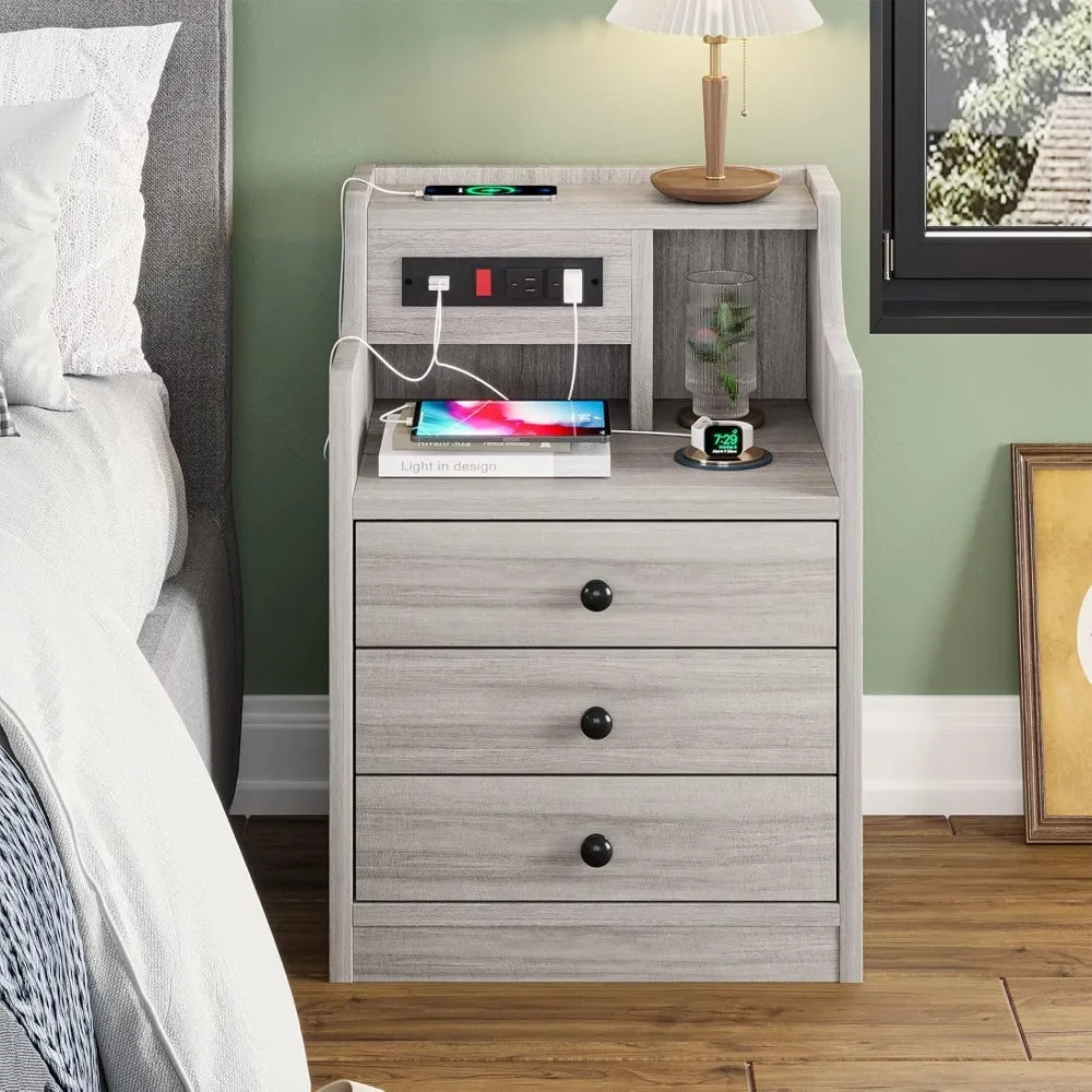 Nightstand Set 2 With Charging Station And Hutch Drawers