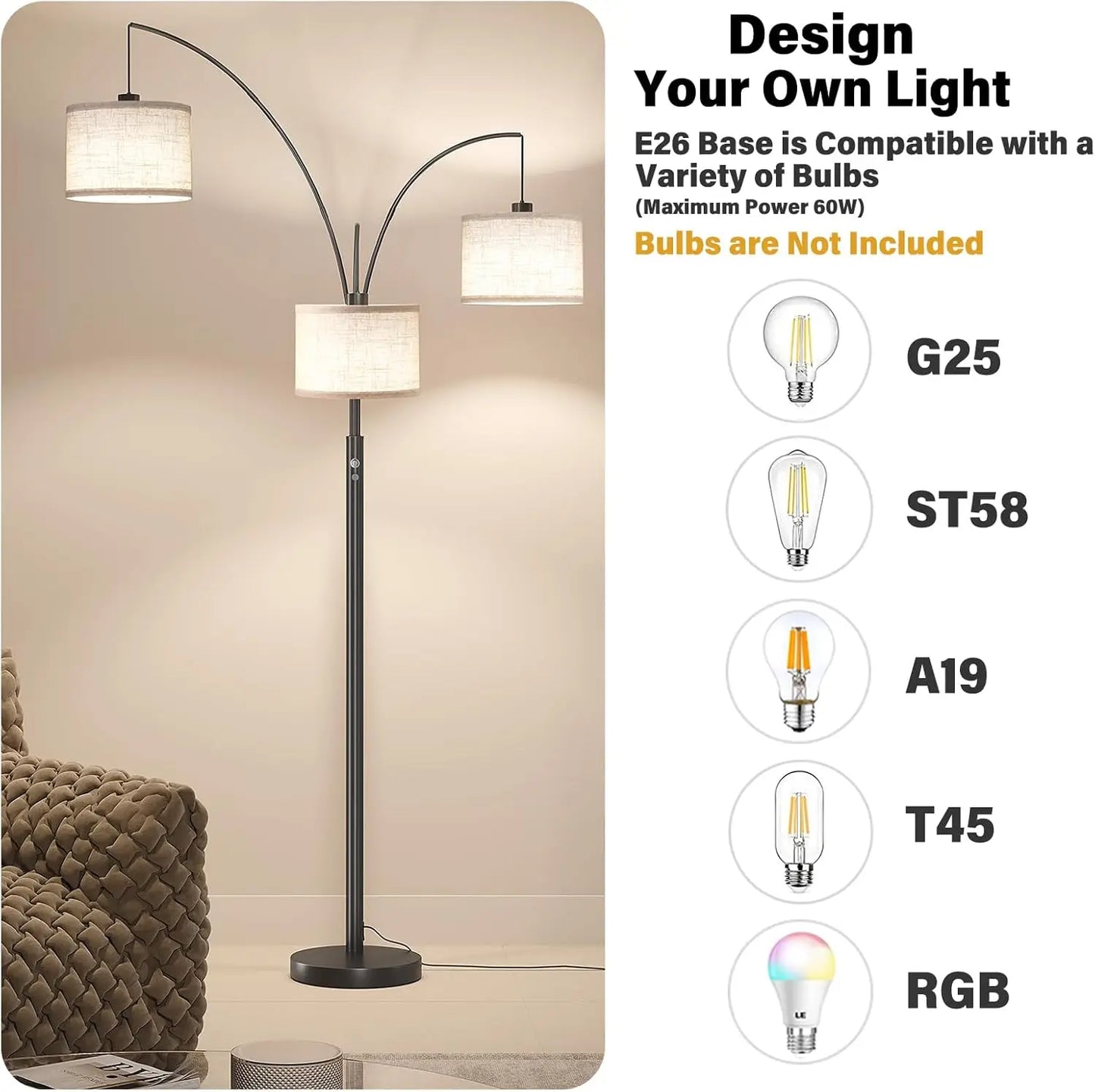 Arc Floor Lamp With 3 Lights Modern Standing Lamp Adjustable