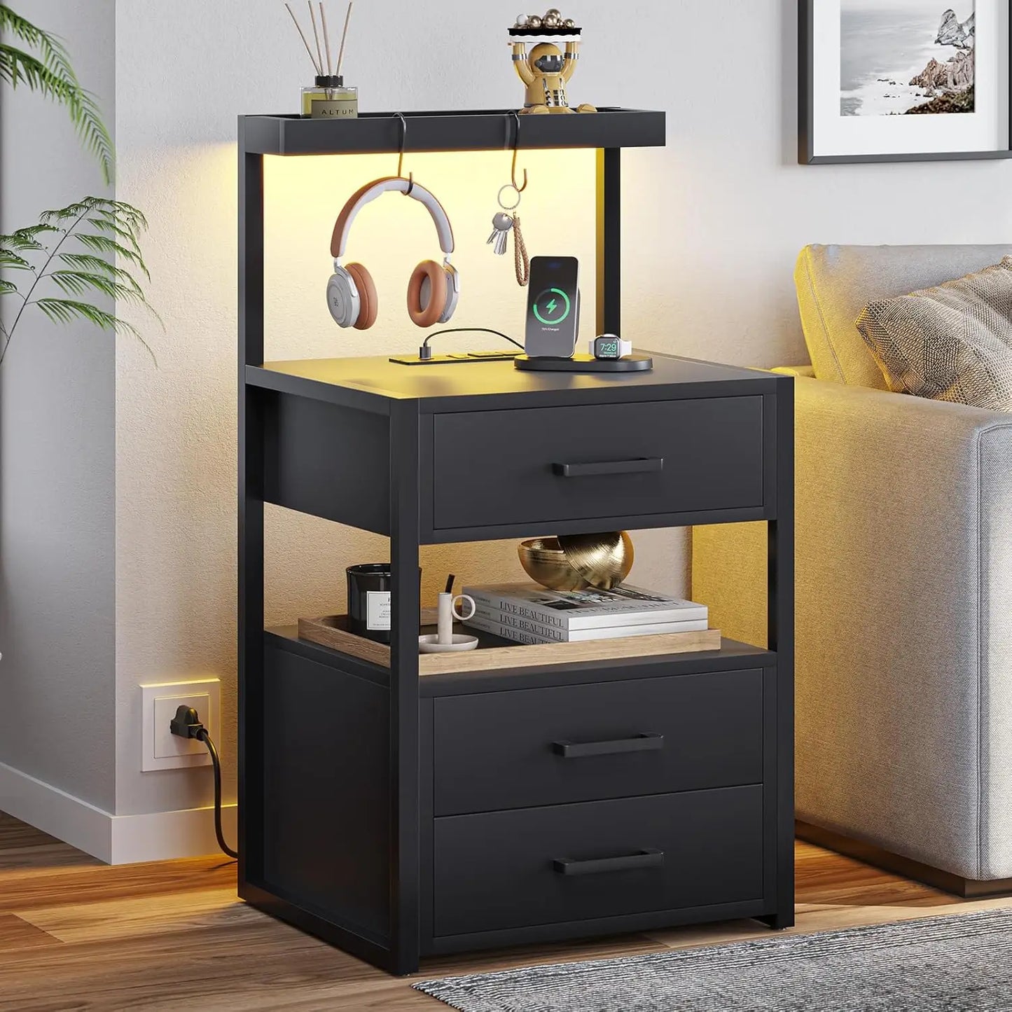 Guangbai Nightstands Set Of 2 With LED Charging Station