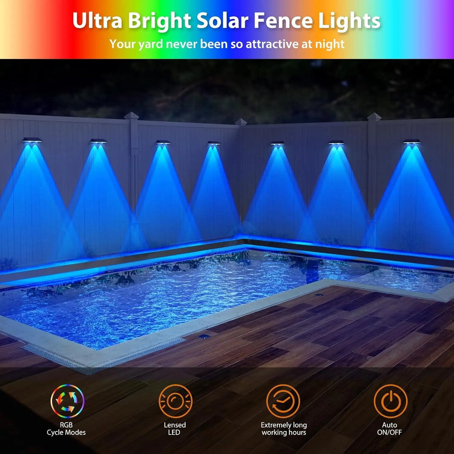 XMSJ Solar Fence Lights RGB and Warm White Dusk To Dawn Outdoor Waterproof