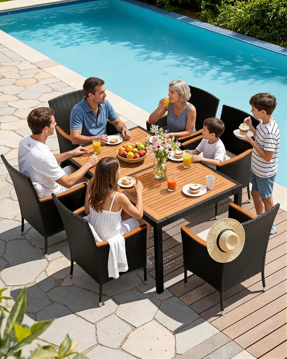 7-Piece Outdoor Patio Dining Set with Acacia Wood Table, Wicker Chairs, and Soft Cushions for Garden, Deck, Backyard