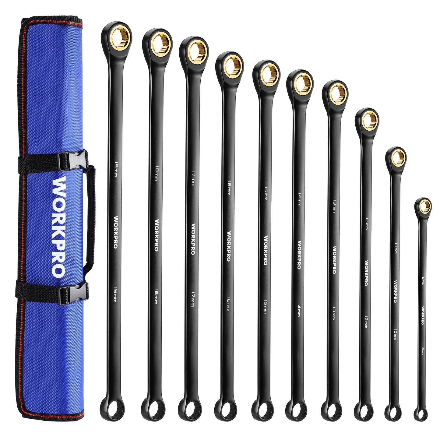 WORKPRO 10pcs 72-Teeth Extra Long Ratcheting Wrench Set Metric 8-19 mm Cr-V Steel and Black Electrophoretic Coating