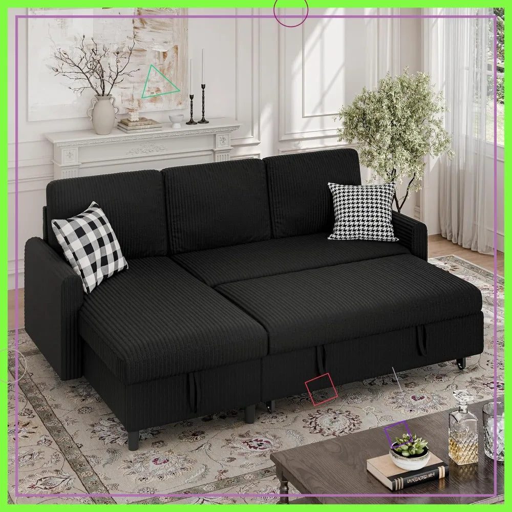 Sleeper Sofa Bed With Hidden Storage Corduroy Reversible L-Shaped Sectional