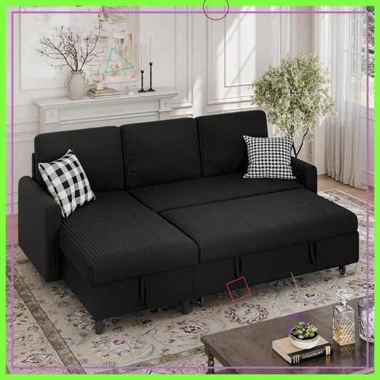 Sleeper Sofa Bed With Hidden Storage Corduroy Reversible L-Shaped Sectional