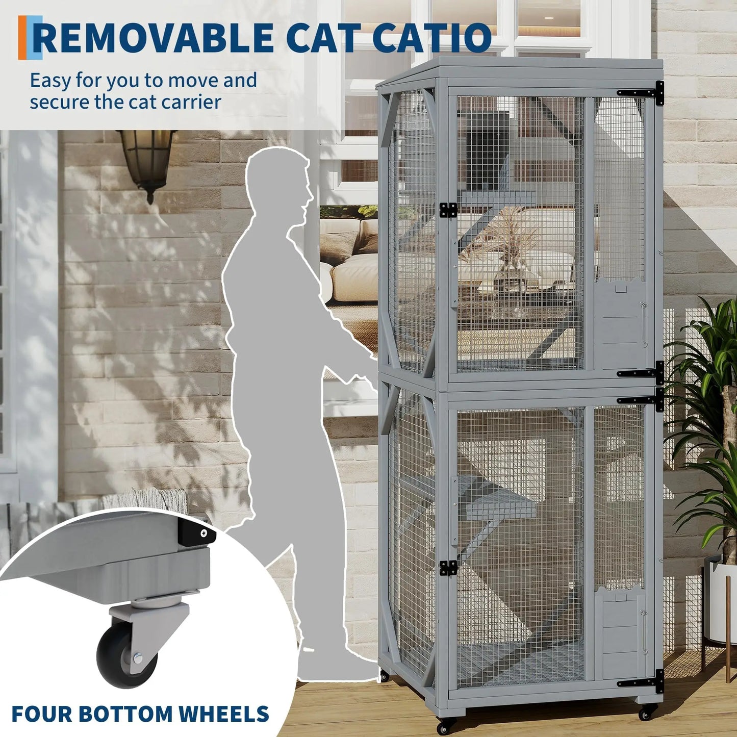 HiMISSCatio Outdoor Cat Enclosure With Lockable Wheels Weatherproof Multi Door