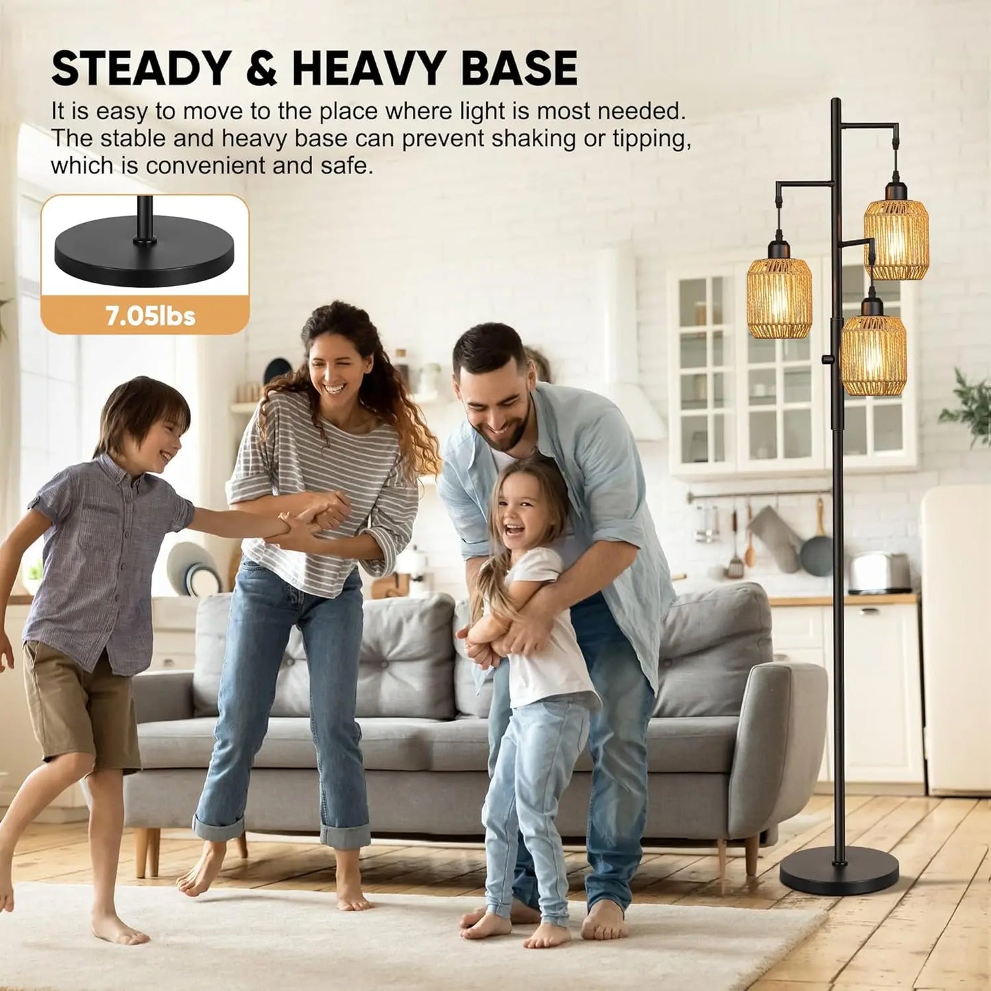 Dimmable Boho Floor Lamp 3 Light Farmhouse Rattan Design
