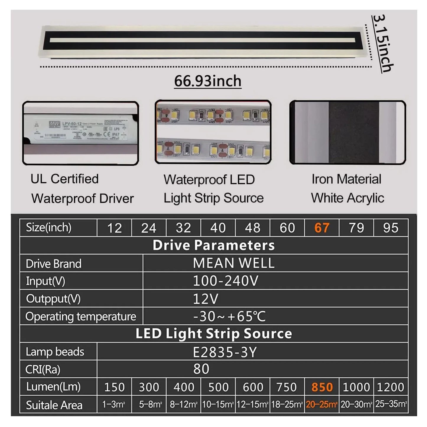 Modern Outdoor Long Strip LED Wall Lighting Fixture IP67