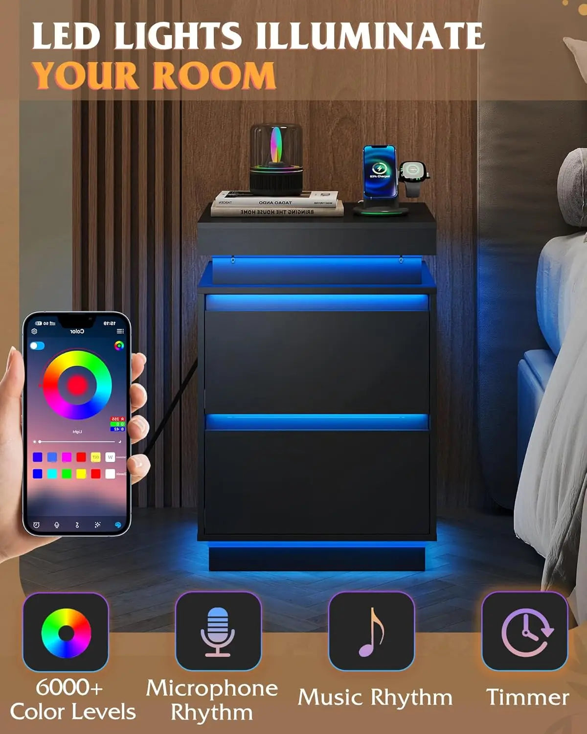 MOYU Nightstand With Charging Station And LED Lights Two Drawers