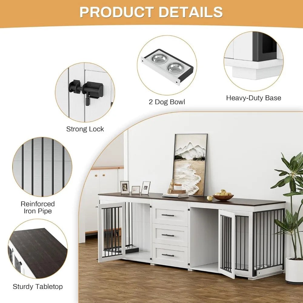 DAFIFY Double Wooden Dog Crate Furniture With Bowls And Drawers