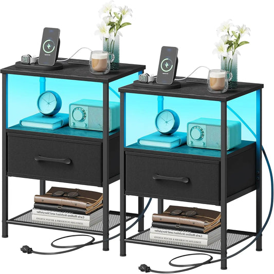 Two-Piece Night Stand Set With Charging Station And LED Lights