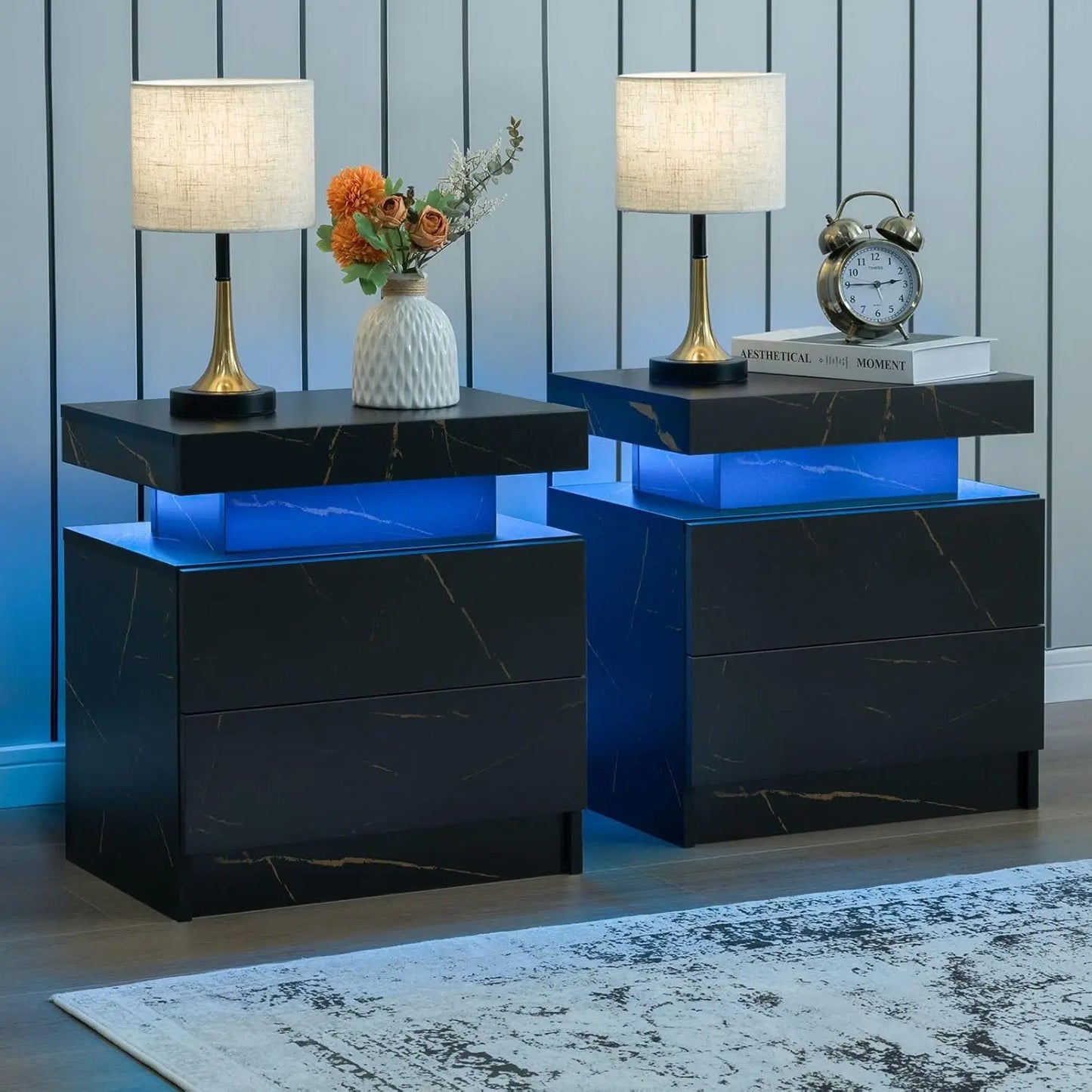 Modern Wood Two Nightstands Set With LED Lighting And Drawers