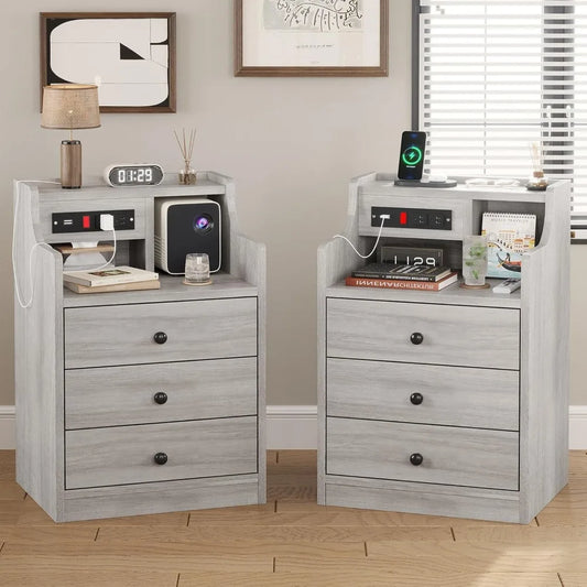 Nightstand Set 2 With Charging Station And Hutch Drawers