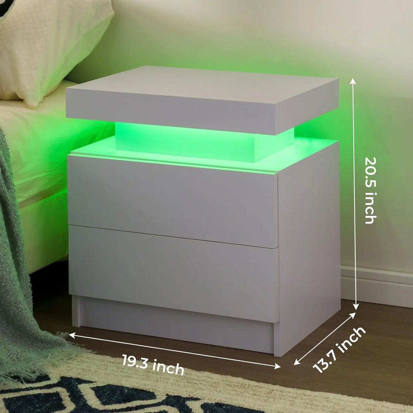 Modern Wood Two Nightstands Set With LED Lighting And Drawers