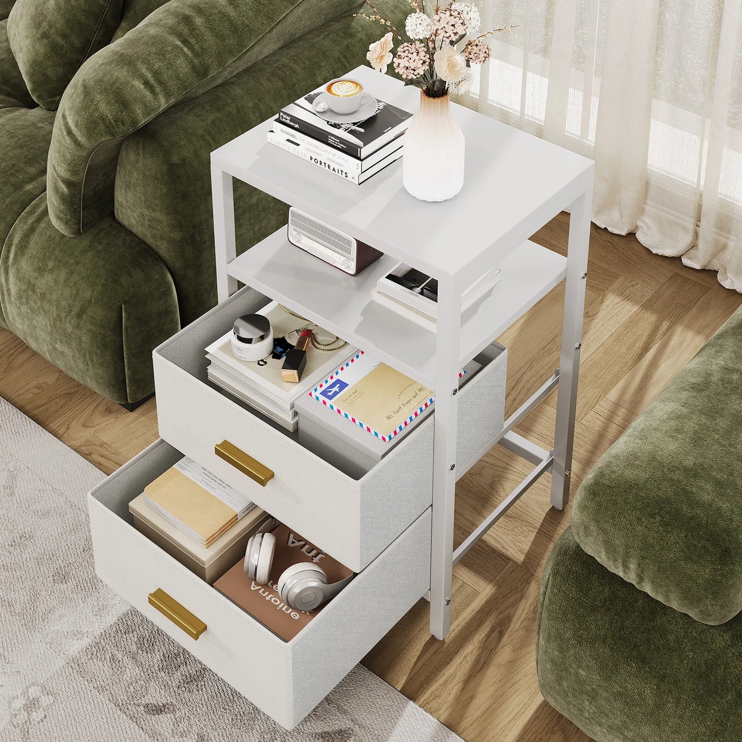 Particle Board Modern Bedside Table With Fabric Drawers