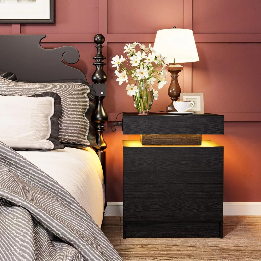 Modern Nightstand With Charging Station, LED Light, And Drawers