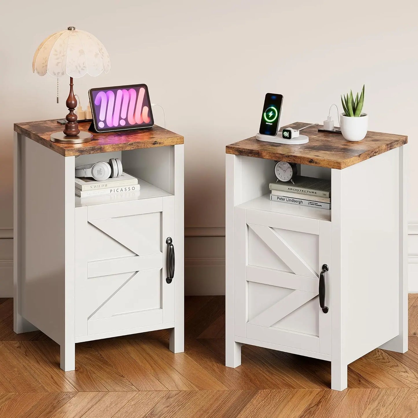 Farmhouse Nightstands Set of 2 With Charging Station and Storage