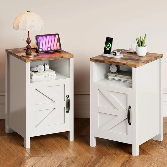 Farmhouse Nightstands Set of 2 With Charging Station and Storage