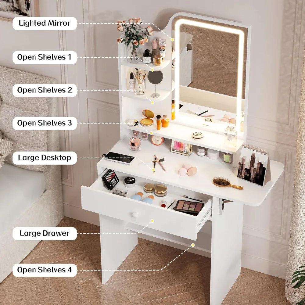 Compact Makeup Vanity Desk With LED Mirror And Charging Station