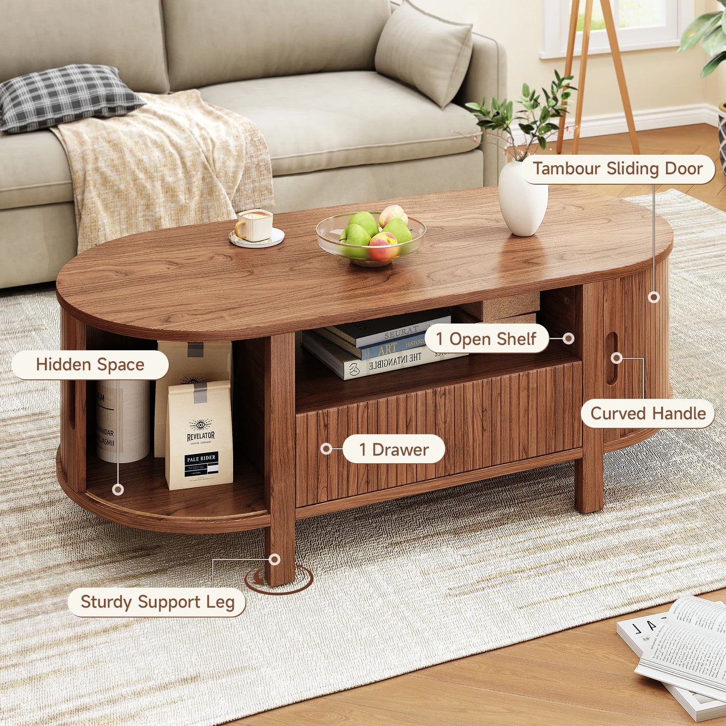 Oval Coffee Table With Cabinets And Sliding Doors
