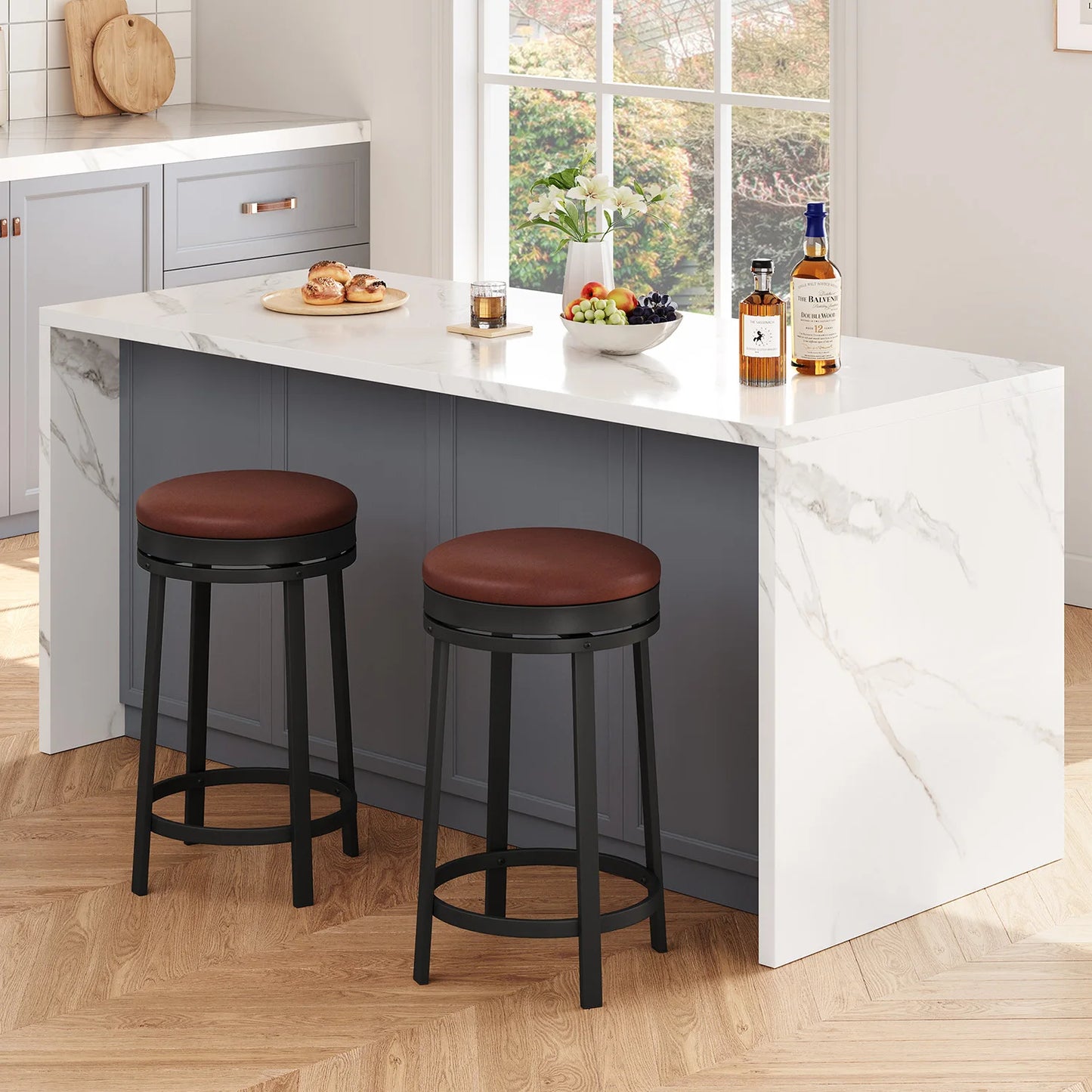 TWISTER.CK Backless Swivel Bar Stools, PU Leather, Metal Frame