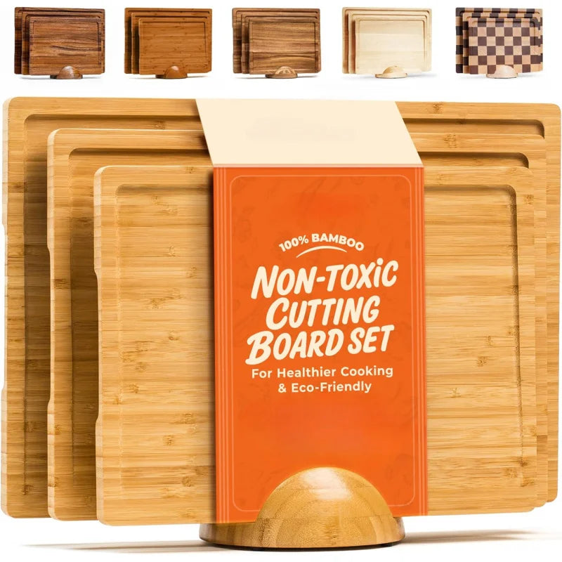 Bamboo Cutting Board Set With Holder For Charcuterie And Kitchen Prep