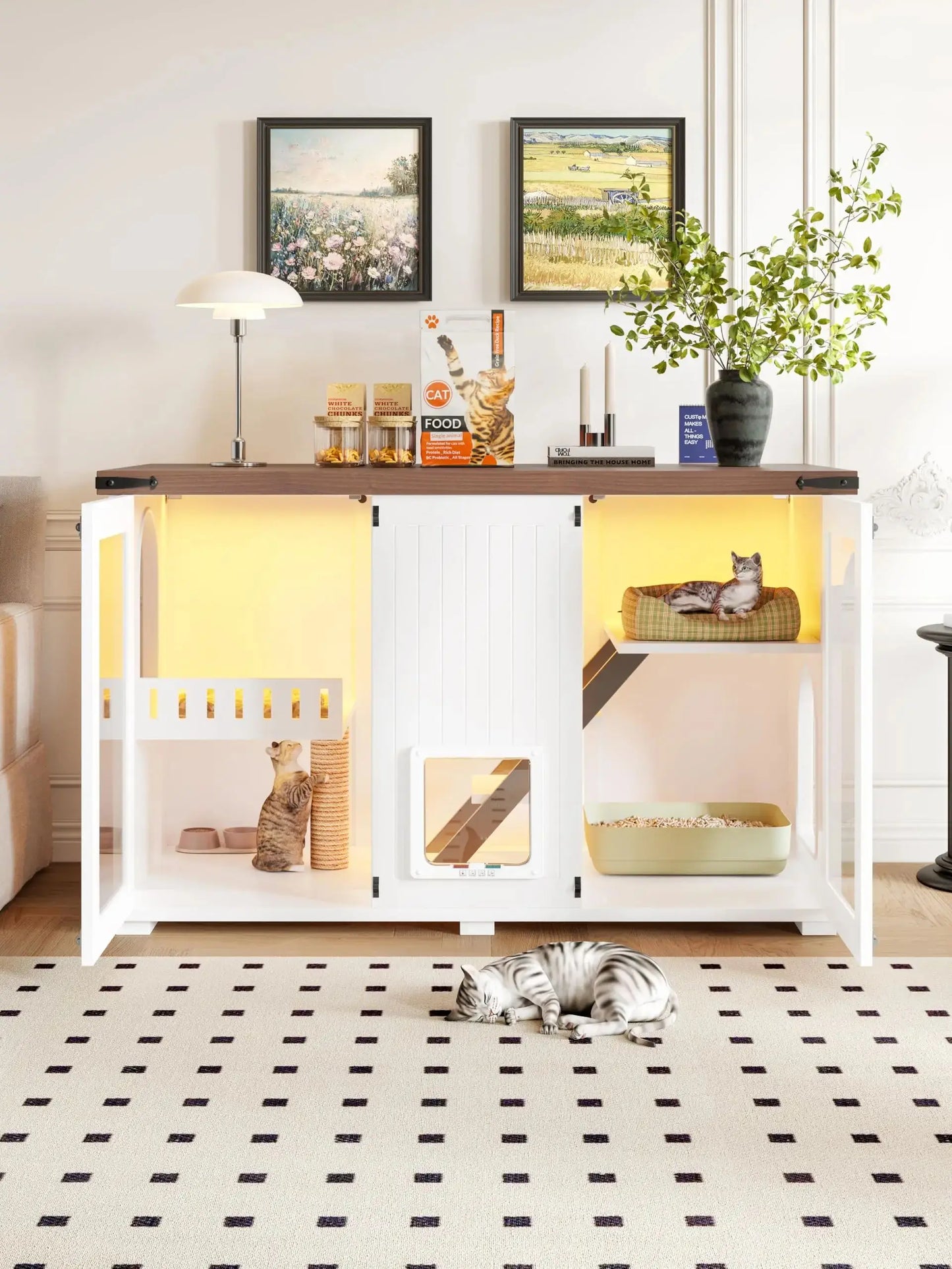 Cat House Hidden Litter Box Enclosure With Led Light, Scratch Pad, Smart Doors