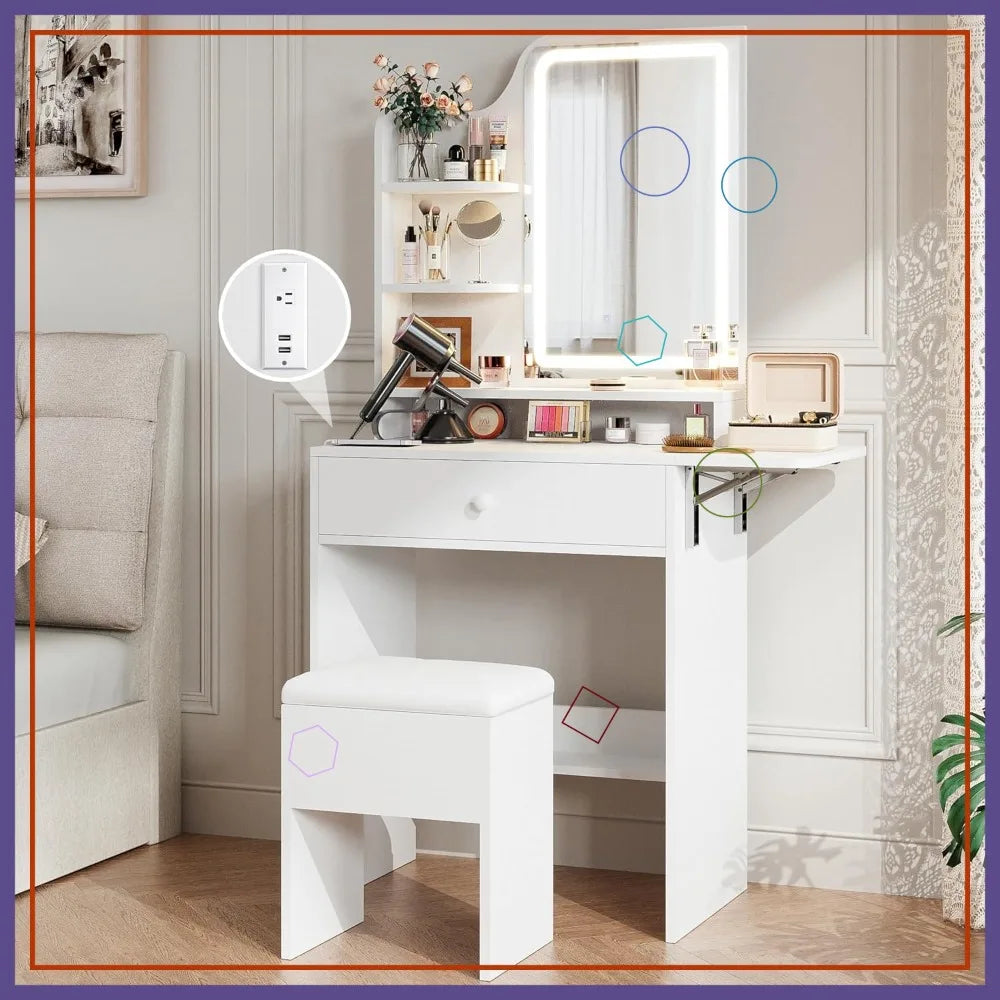 Compact Makeup Vanity Desk With LED Mirror And Storage