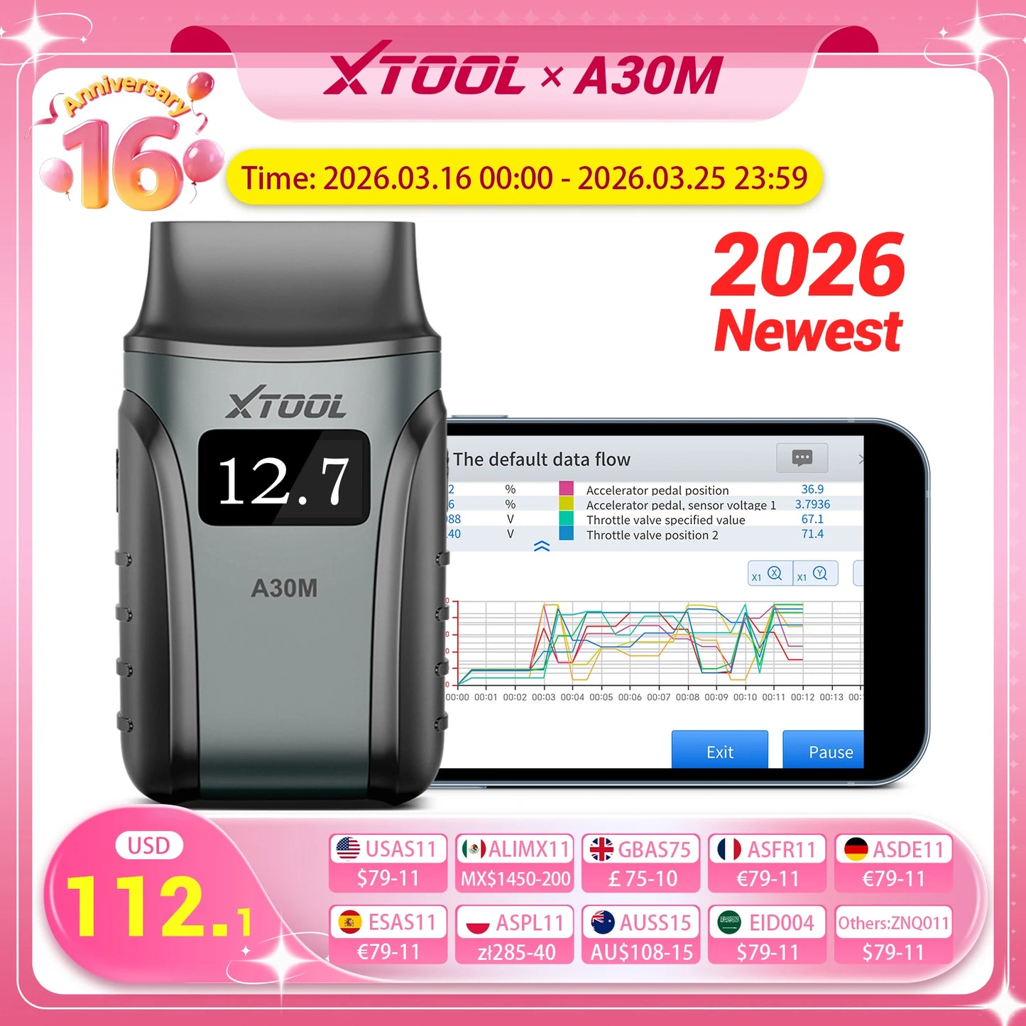 XTOOL Anyscan A30M OBD2 Scanner Bluetooth Diagnostic Tools Automotive Scanner Lifetime Free Update Bidirectional Built-in CAN FD