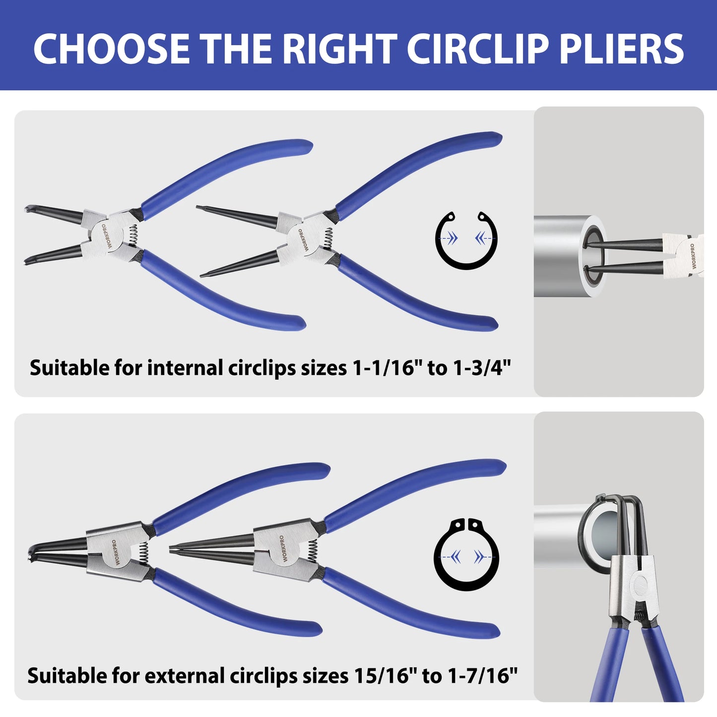 WORKPRO 4-Piece Snap Ring Pliers Set, 7-Inch Internal and External Circlip Pliers Kit with Straight and Bent Jaw, For Ring Remov