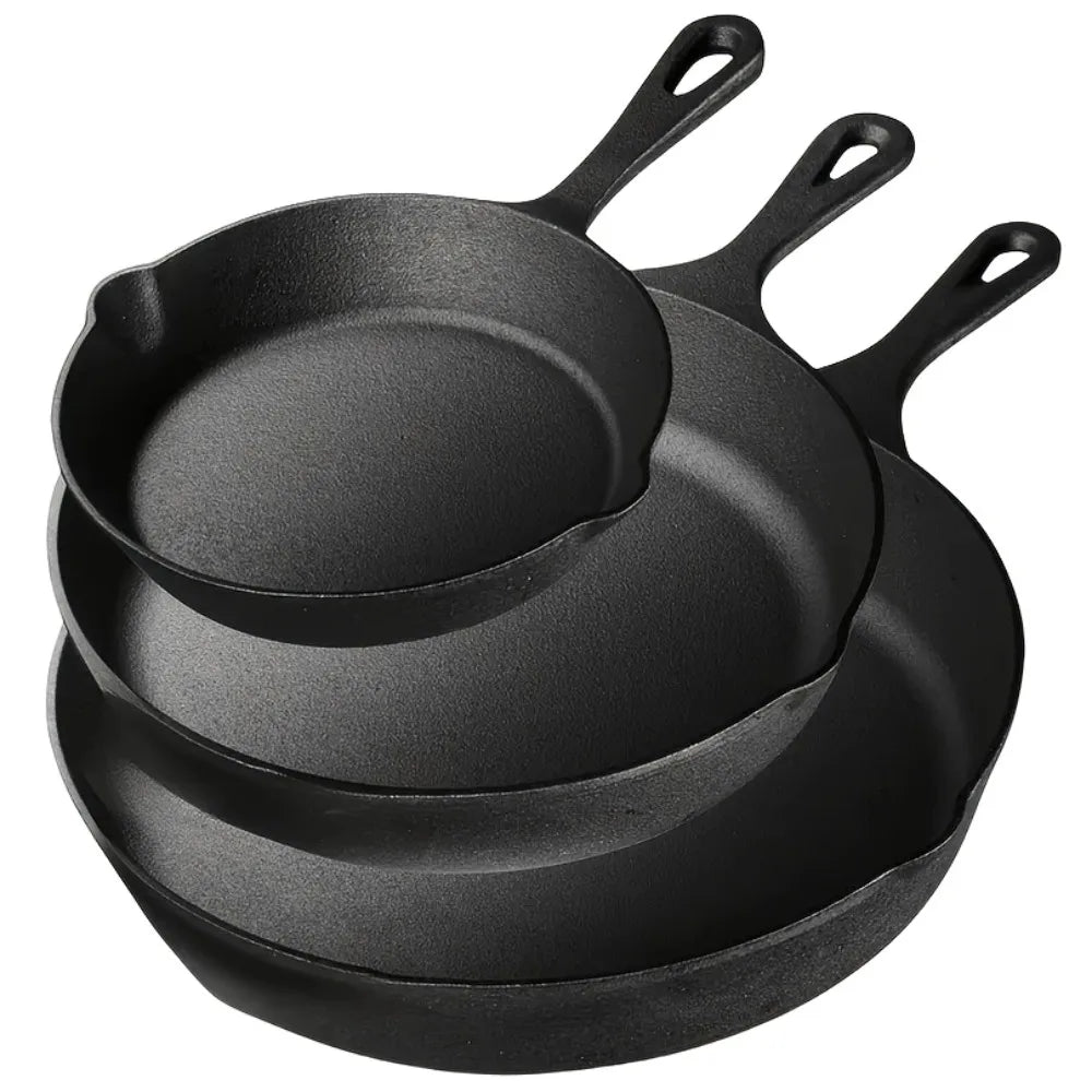 AEDG Cast Iron Skillet Set Three Piece Preseasoned Heavy Duty Pans Oven Grill