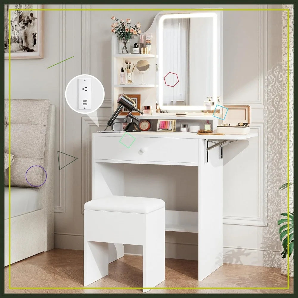 Compact Makeup Vanity Desk With LED Mirror And Charging Station