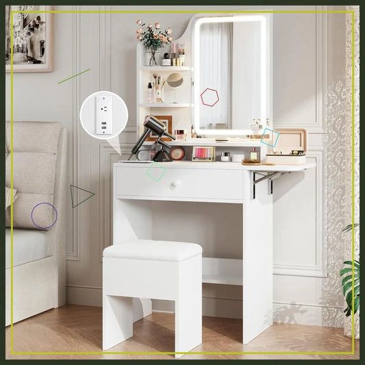 Compact Makeup Vanity Desk With LED Mirror And Charging Station