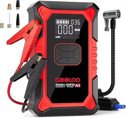 GOOLOO A3 Jump Starter with Air Compressor, 3000A Portable Car Battery Booster (9.0 Gas/6.5L Diesel) with 150PSI Auto-Shutoff Ti