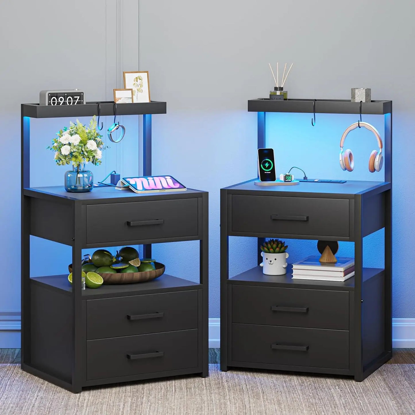 Guangbai Nightstands Set Of 2 With LED Charging Station