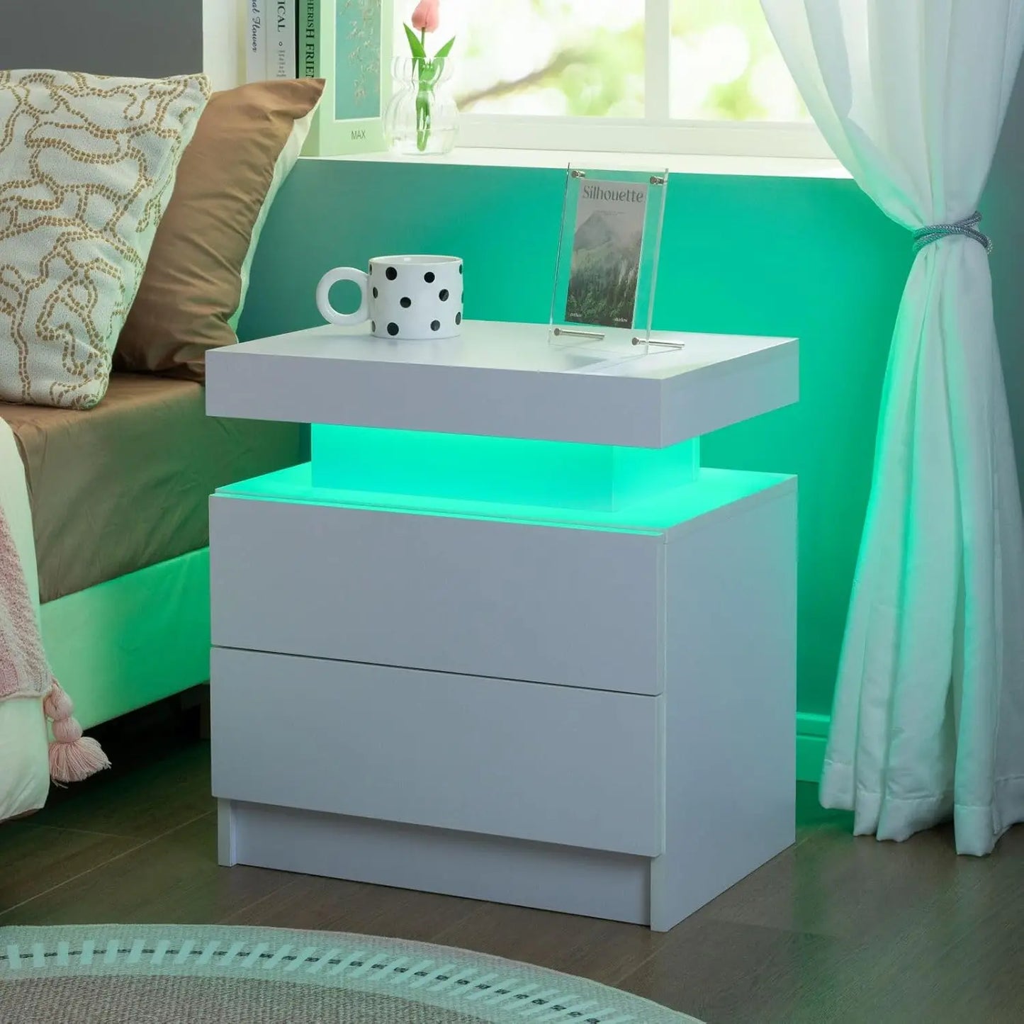 Modern Wood Two Nightstands Set With LED Lighting And Drawers