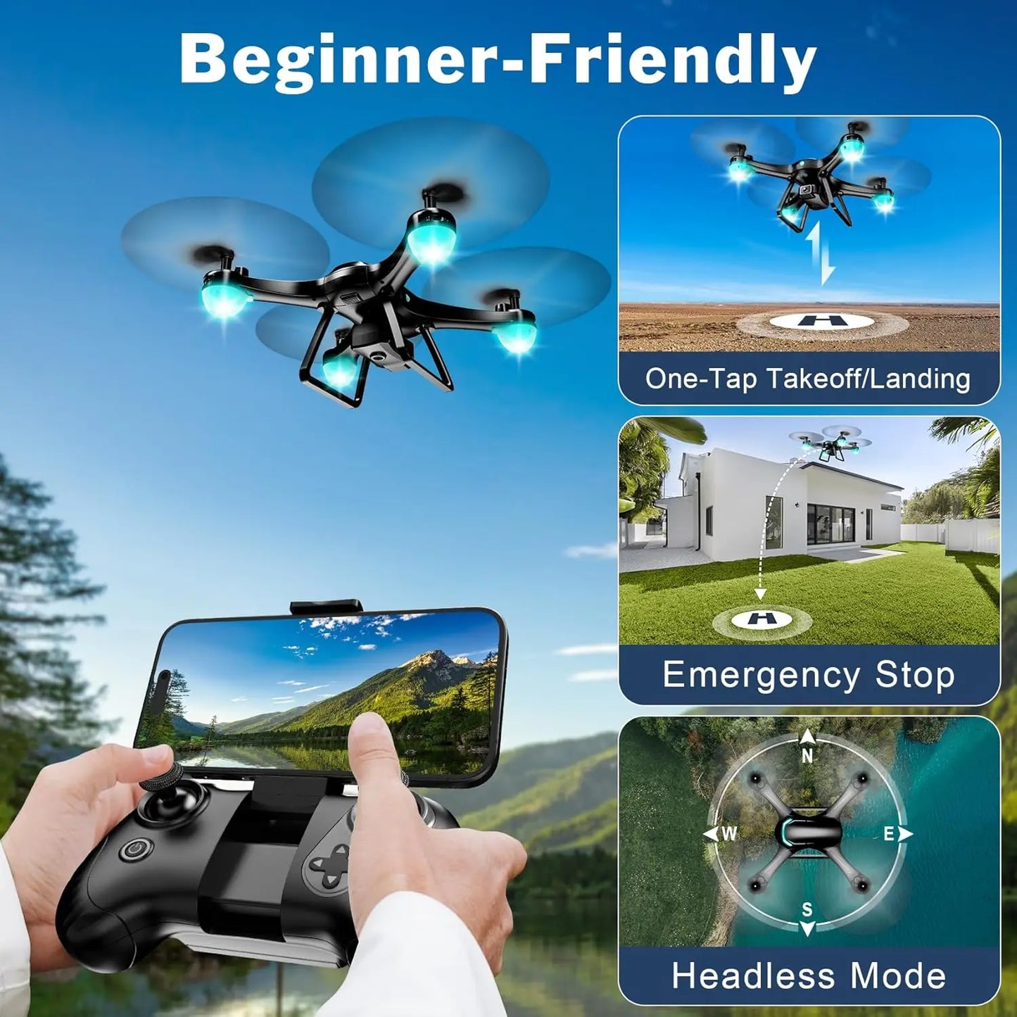 Beginner Drone with 1080P Camera, Gesture Selfie, Altitude Hold, One Key Start, 3D Flips, 2 Batteries