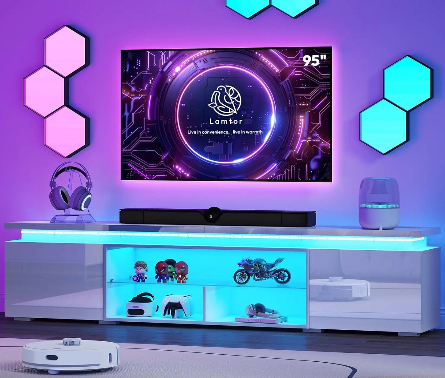 TV Stand Entertainment Center With LED Lighting And Storage