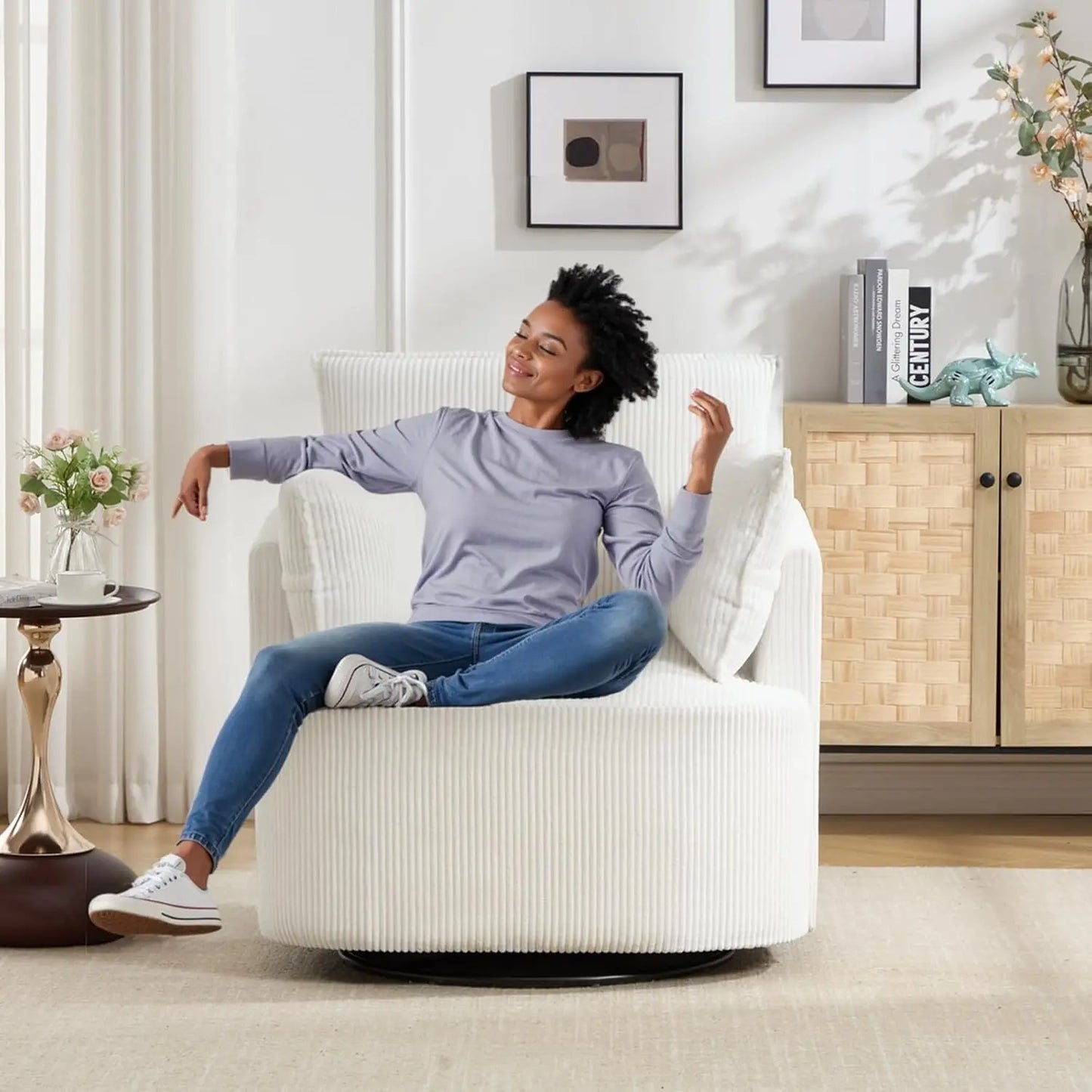 Corduroy Upholstered Swivel Barrel Chair Living Room Customized