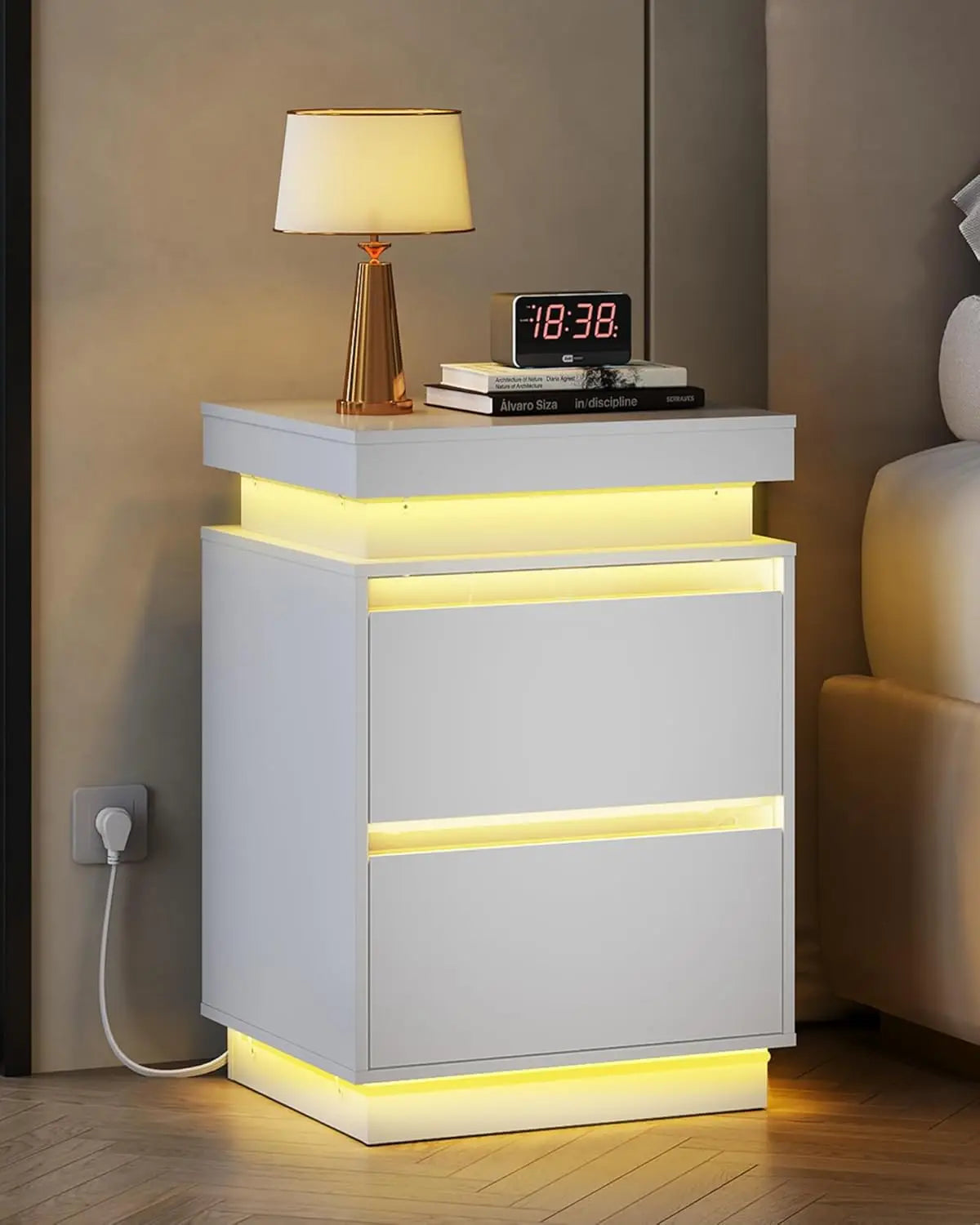 MOYU Nightstand With Charging Station And LED Lights Two Drawers