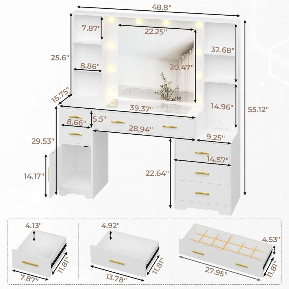 Vanity Desk With Lighted Mirror USB Outlets Drawers Storage