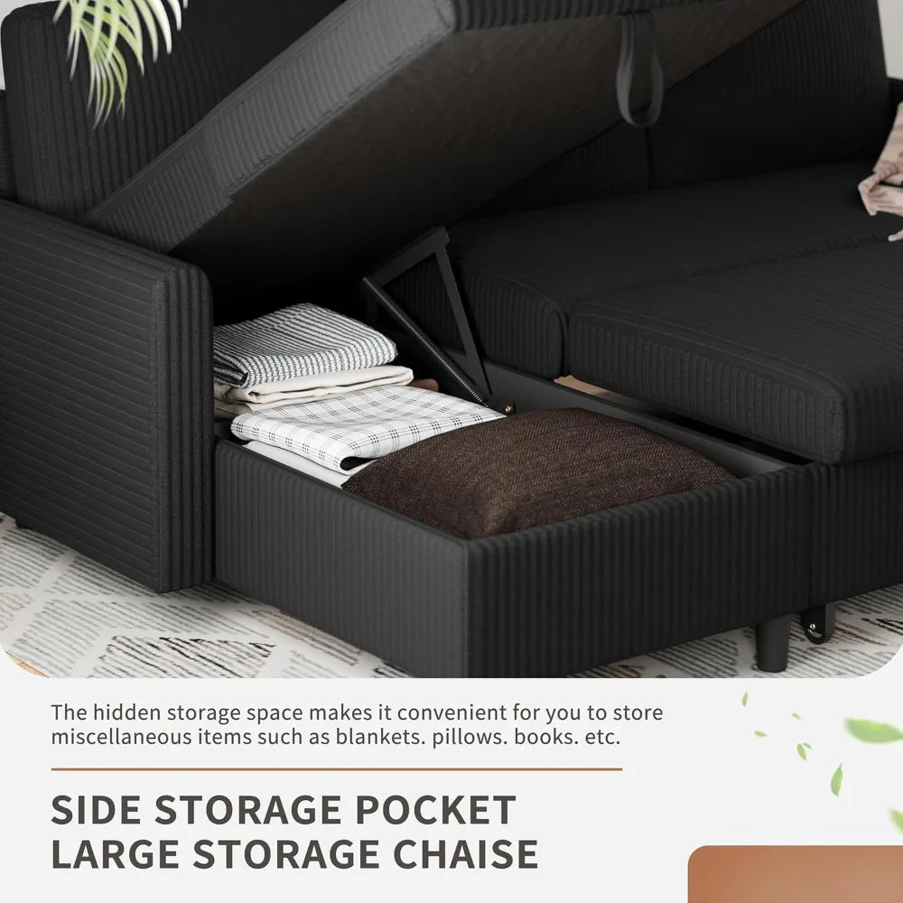 Sleeper Sofa Bed With Hidden Storage Corduroy Reversible L-Shaped Sectional