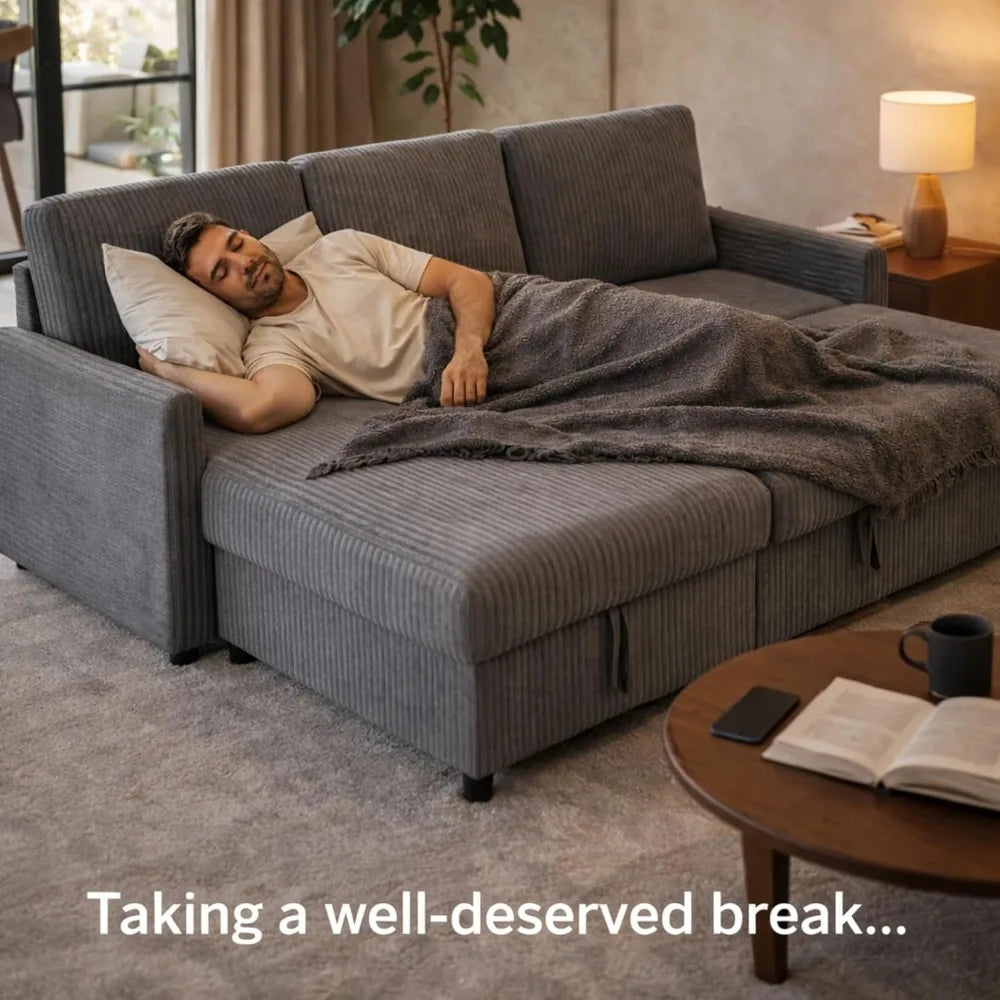L-Shaped Corduroy Sleeper Sofa With Storage, Convertible