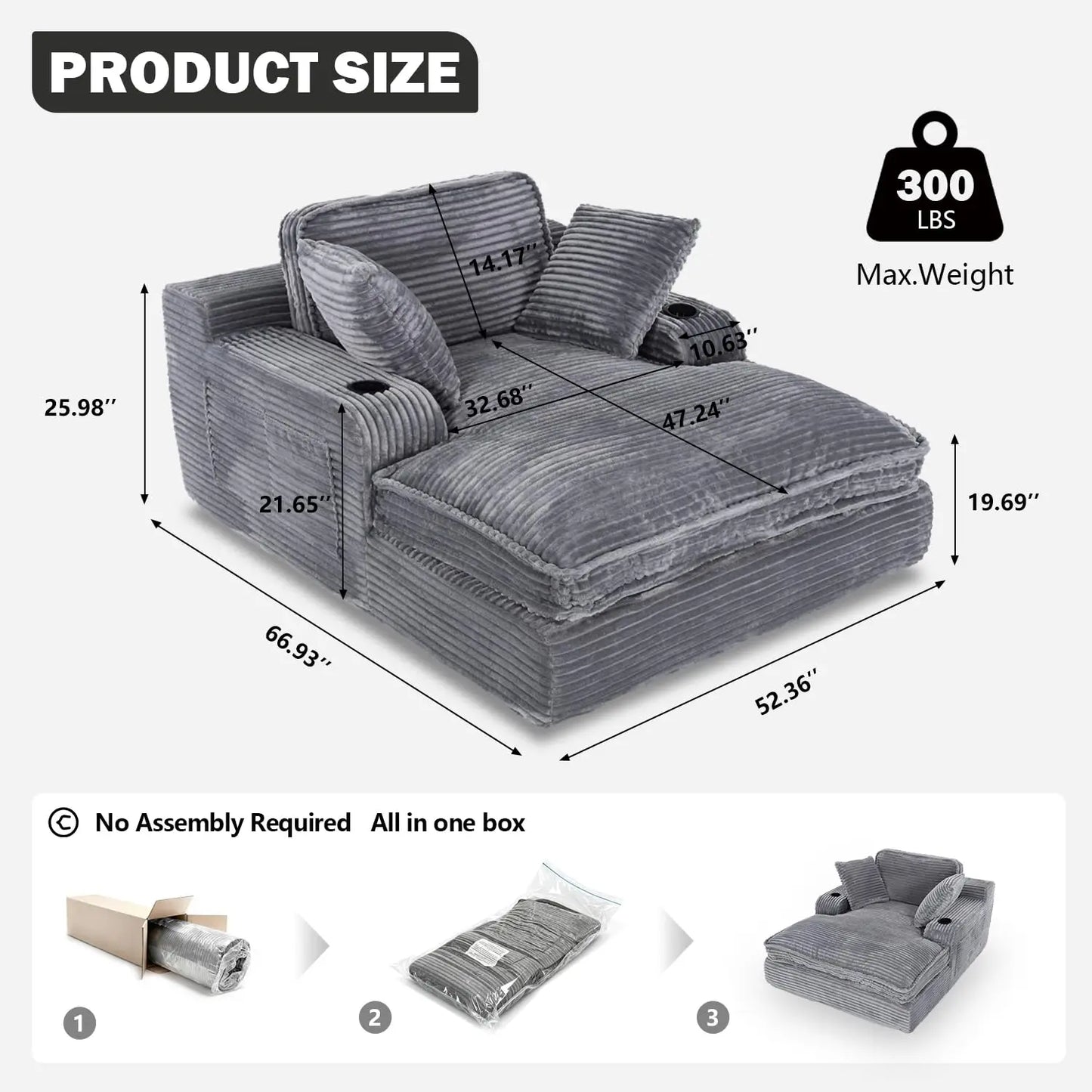 Indoor Oversized Chaise Lounge Chair With Pillows And Pockets