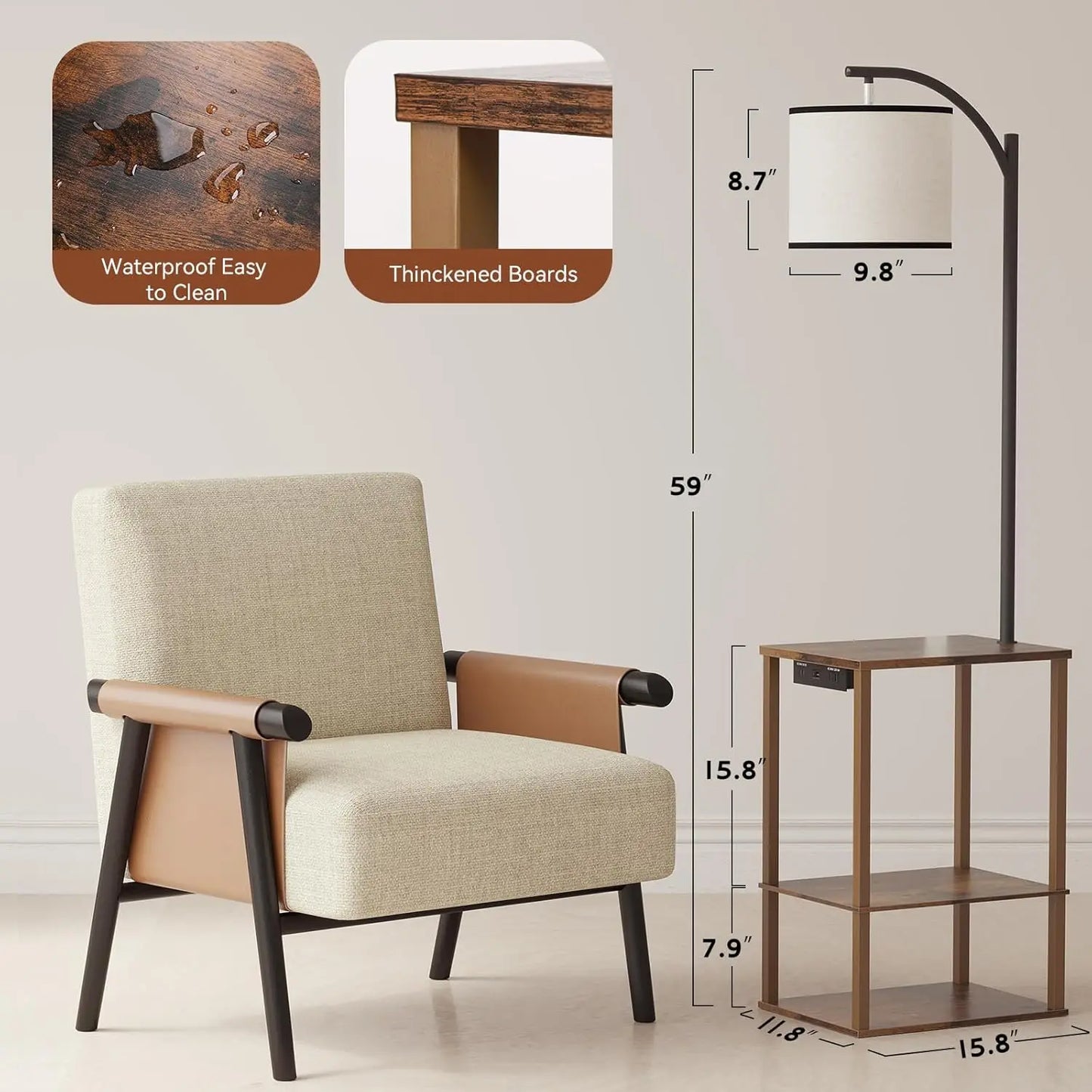 Floor Lamp With Side Table USB Ports And Adjustable Head
