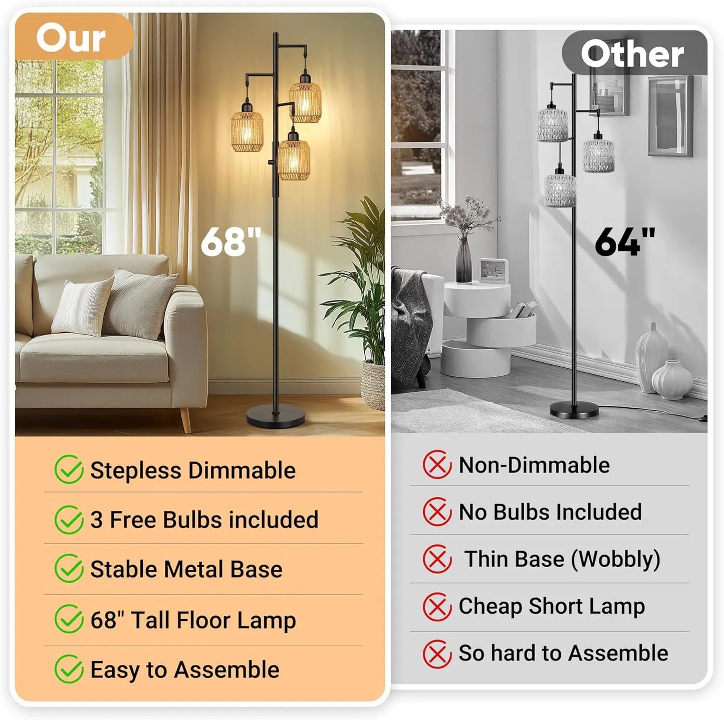 Dimmable Boho Floor Lamp 3 Light Farmhouse Rattan Design