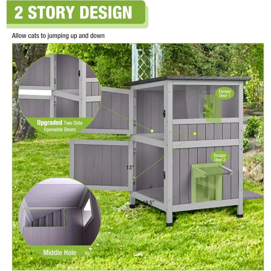 NONECN Two-Story Wooden Outdoor Cat House With Escape Doors