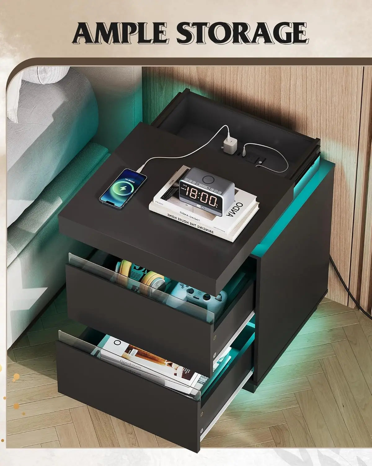 MOYU Nightstand With Charging Station And LED Lights Two Drawers